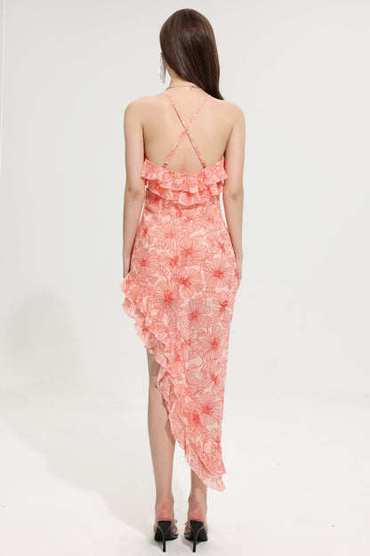 Cecily Ruffle Cross Neck Chiffon Split Maxi Dress