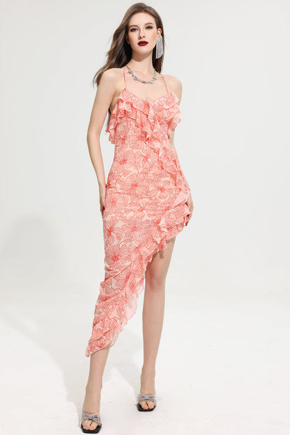 Cecily Ruffle Cross Neck Chiffon Split Maxi Dress