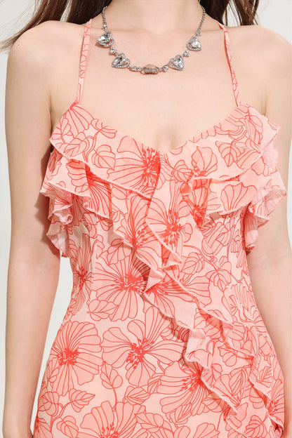 Cecily Ruffle Cross Neck Chiffon Split Maxi Dress