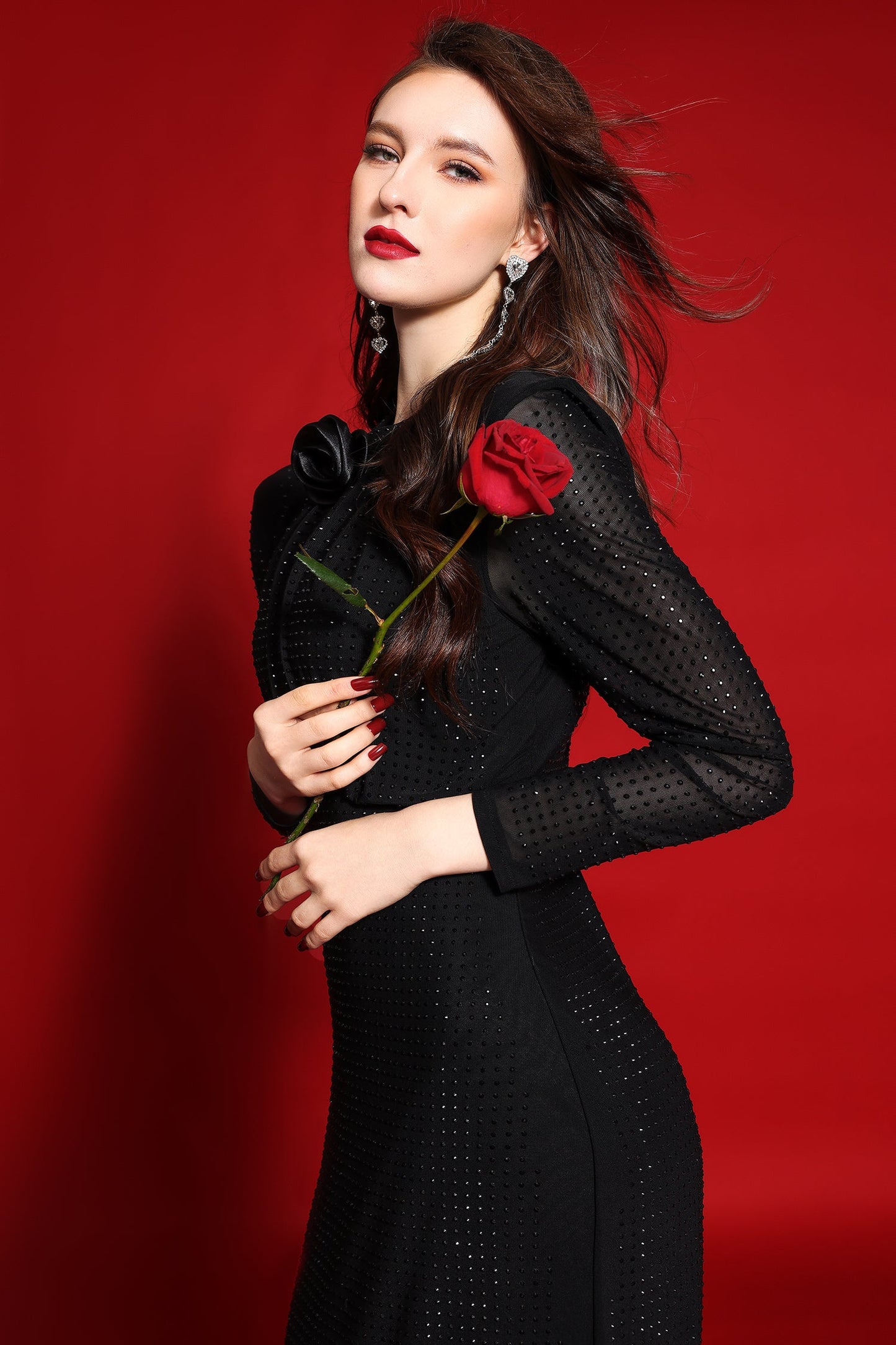 Rhinestone Stand Collar Solid Mermaid Maxi Dress