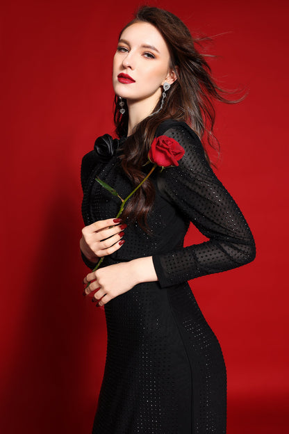 Rhinestone Stand Collar Solid Mermaid Maxi Dress