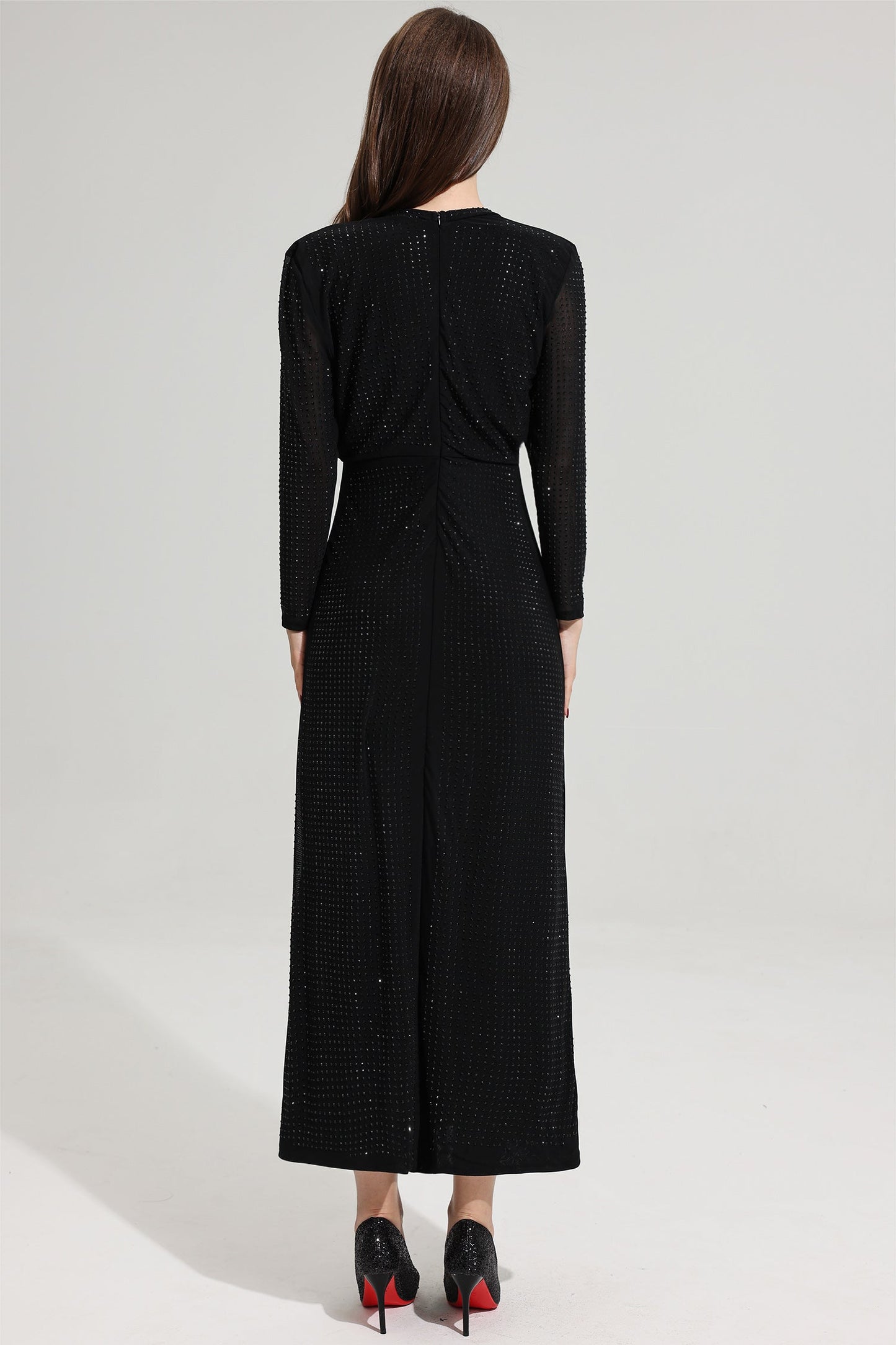 Rhinestone Stand Collar Solid Mermaid Maxi Dress