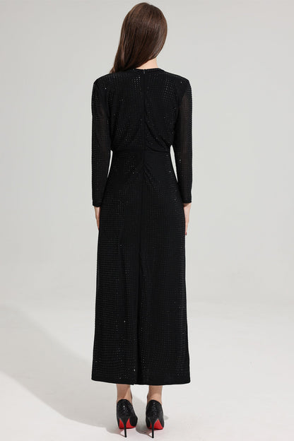 Rhinestone Stand Collar Solid Mermaid Maxi Dress