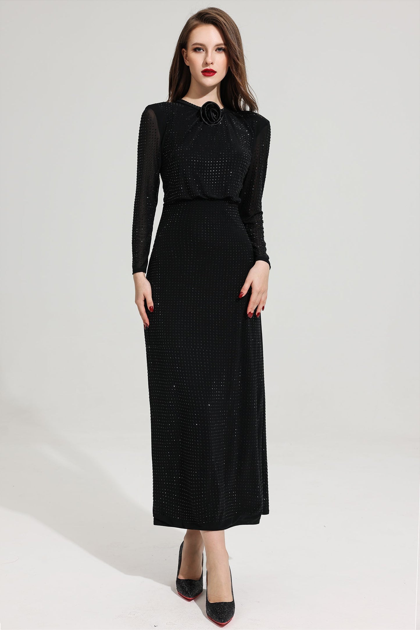 Rhinestone Stand Collar Solid Mermaid Maxi Dress