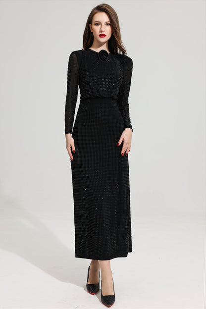 Rhinestone Stand Collar Solid Mermaid Maxi Dress