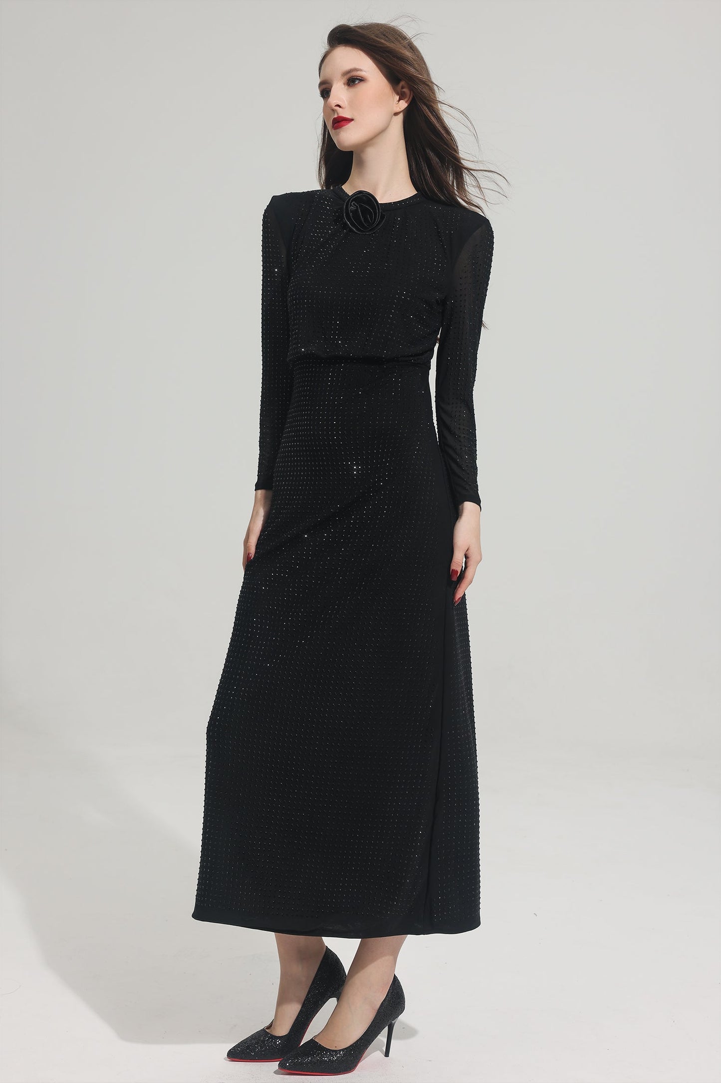 Rhinestone Stand Collar Solid Mermaid Maxi Dress