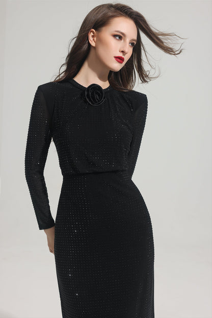 Rhinestone Stand Collar Solid Mermaid Maxi Dress