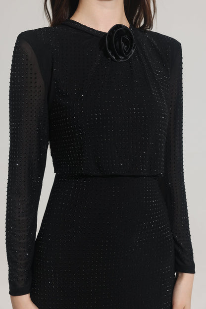 Rhinestone Stand Collar Solid Mermaid Maxi Dress