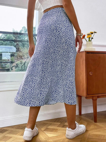 Autumn European American Floral Half Skirt A-line Wrap Hip Long