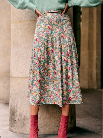 New Niche Color Pleated Blue Floral High Waist Chiffon A-Line Midi Skirt