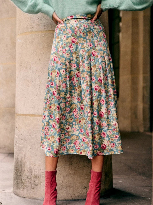 New Niche Color Pleated Blue Floral High Waist Chiffon A-Line Midi Skirt