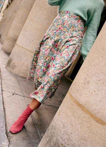 New Niche Color Pleated Blue Floral High Waist Chiffon A-Line Midi Skirt