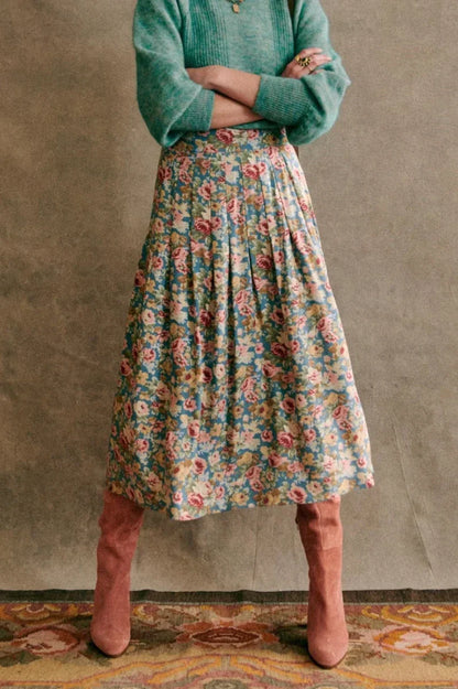 New Niche Color Pleated Blue Floral High Waist Chiffon A-Line Midi Skirt