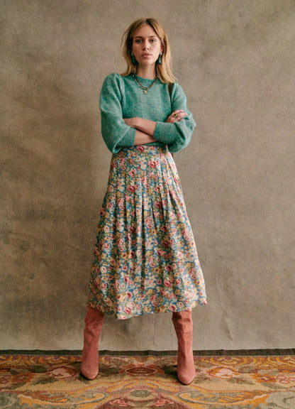 New Niche Color Pleated Blue Floral High Waist Chiffon A-Line Midi Skirt