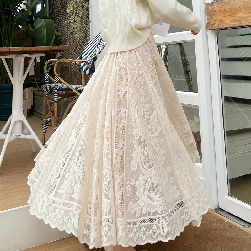 Y2K Women's Lace Crochet Umbrella Long Skirt Bohemian High Waist