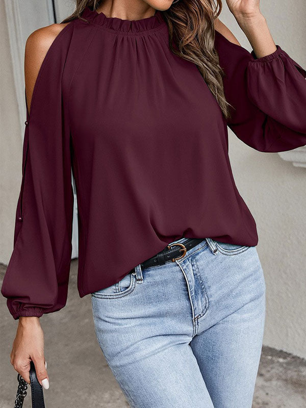 Shirt For Women Red Jewel Neck Casual Long Sleeves Tops