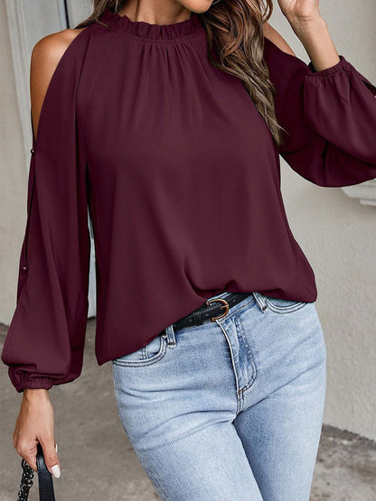Shirt For Women Red Jewel Neck Casual Long Sleeves Tops
