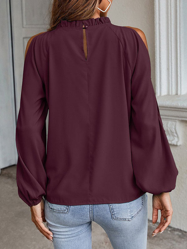 Shirt For Women Red Jewel Neck Casual Long Sleeves Tops
