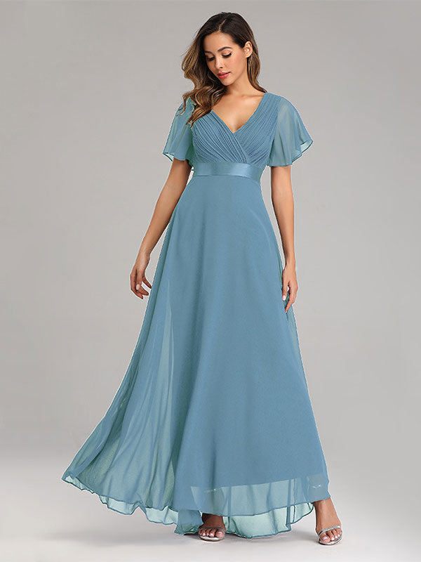 Chiffon Prom Dresses V-Neck Short Sleeves Semi Formal Maxi Dress In Burgundy
