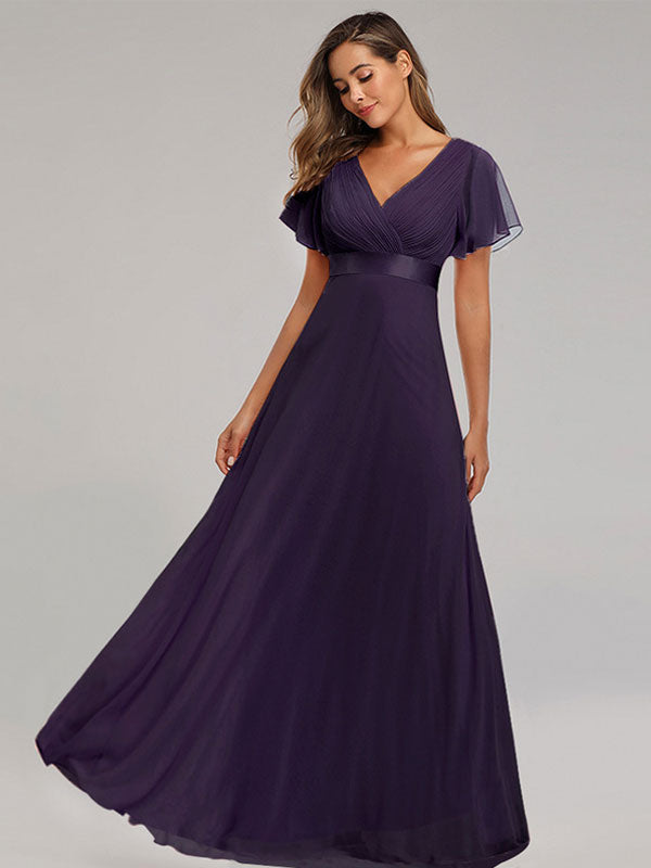 Chiffon Prom Dresses V-Neck Short Sleeves Semi Formal Maxi Dress In Burgundy