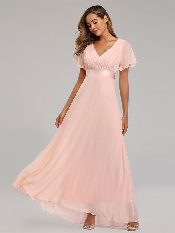 Chiffon Prom Dresses V-Neck Short Sleeves Semi Formal Maxi Dress In Burgundy
