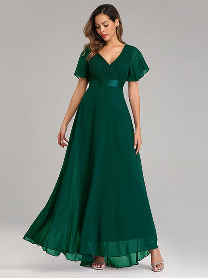 Chiffon Prom Dresses V-Neck Short Sleeves Semi Formal Maxi Dress In Burgundy