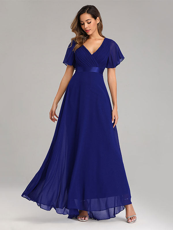 Chiffon Prom Dresses V-Neck Short Sleeves Semi Formal Maxi Dress In Burgundy