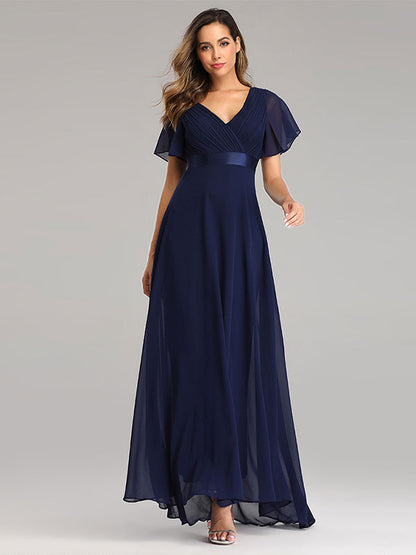 Chiffon Prom Dresses V-Neck Short Sleeves Semi Formal Maxi Dress In Burgundy