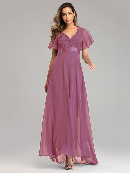 Chiffon Prom Dresses V-Neck Short Sleeves Semi Formal Maxi Dress In Burgundy