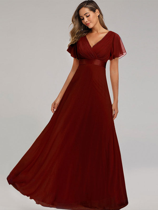 Chiffon Prom Dresses V-Neck Short Sleeves Semi Formal Maxi Dress In Burgundy