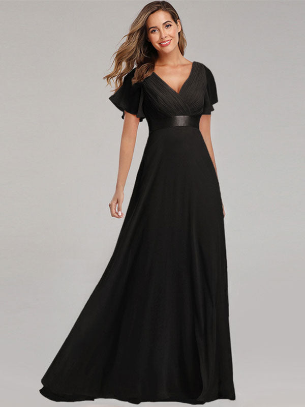 Chiffon Prom Dresses V-Neck Short Sleeves Semi Formal Maxi Dress In Burgundy