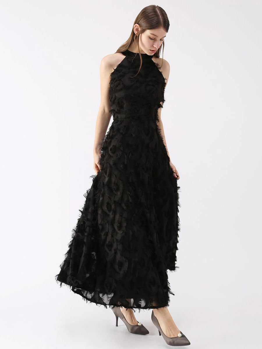 Feather Maxi Dress Halter Sleeveless A-Line Elegant Prom Dresses