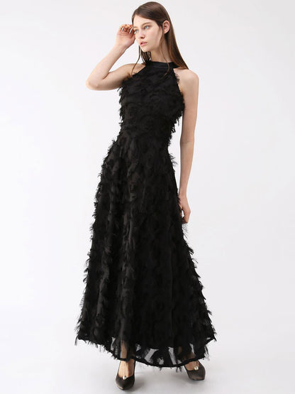 Feather Maxi Dress Halter Sleeveless A-Line Elegant Prom Dresses