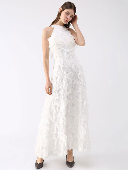 Feather Maxi Dress Halter Sleeveless A-Line Elegant Prom Dresses