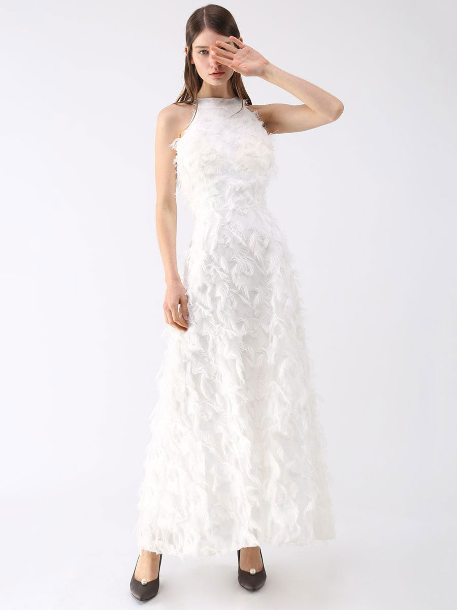 Feather Maxi Dress Halter Sleeveless A-Line Elegant Prom Dresses