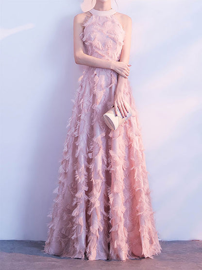 Feather Maxi Dress Halter Sleeveless A-Line Elegant Prom Dresses