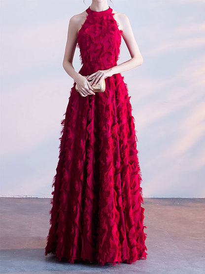 Feather Maxi Dress Halter Sleeveless A-Line Elegant Prom Dresses