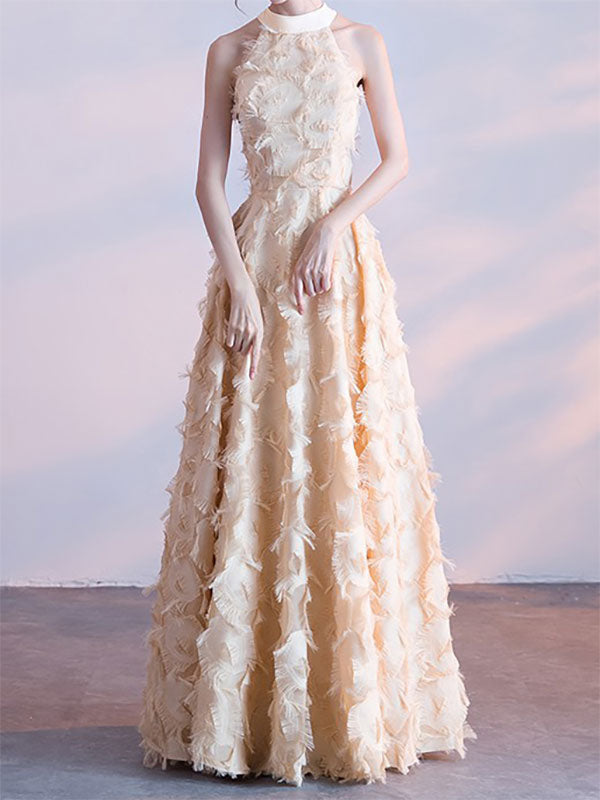 Feather Maxi Dress Halter Sleeveless A-Line Elegant Prom Dresses