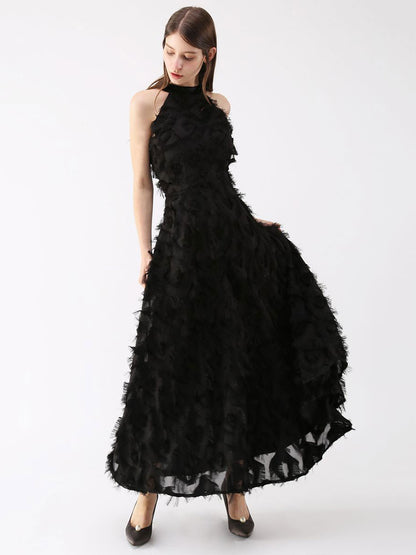 Feather Maxi Dress Halter Sleeveless A-Line Elegant Prom Dresses