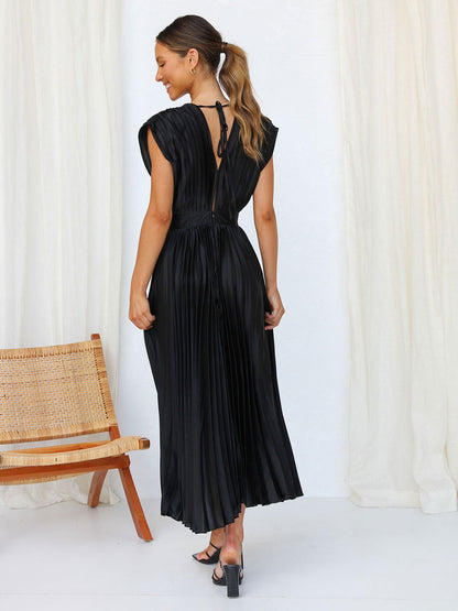 Midi Dress V-Neck Sleeveless Casual Oversized Pleated Party Prom Dress