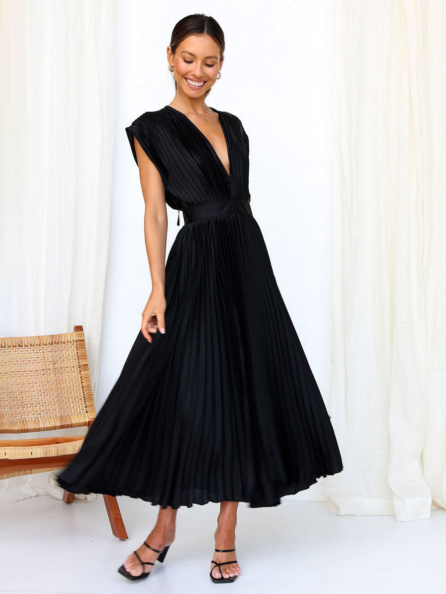 Midi Dress V-Neck Sleeveless Casual Oversized Pleated Party Prom Dress