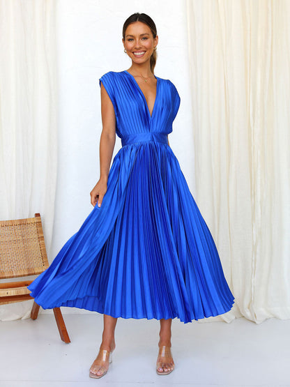 Midi Dress V-Neck Sleeveless Casual Oversized Pleated Party Prom Dress