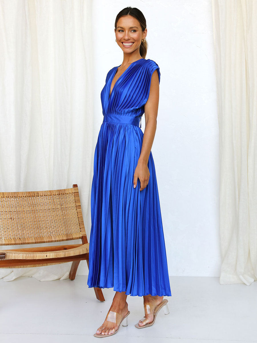 Midi Dress V-Neck Sleeveless Casual Oversized Pleated Party Prom Dress