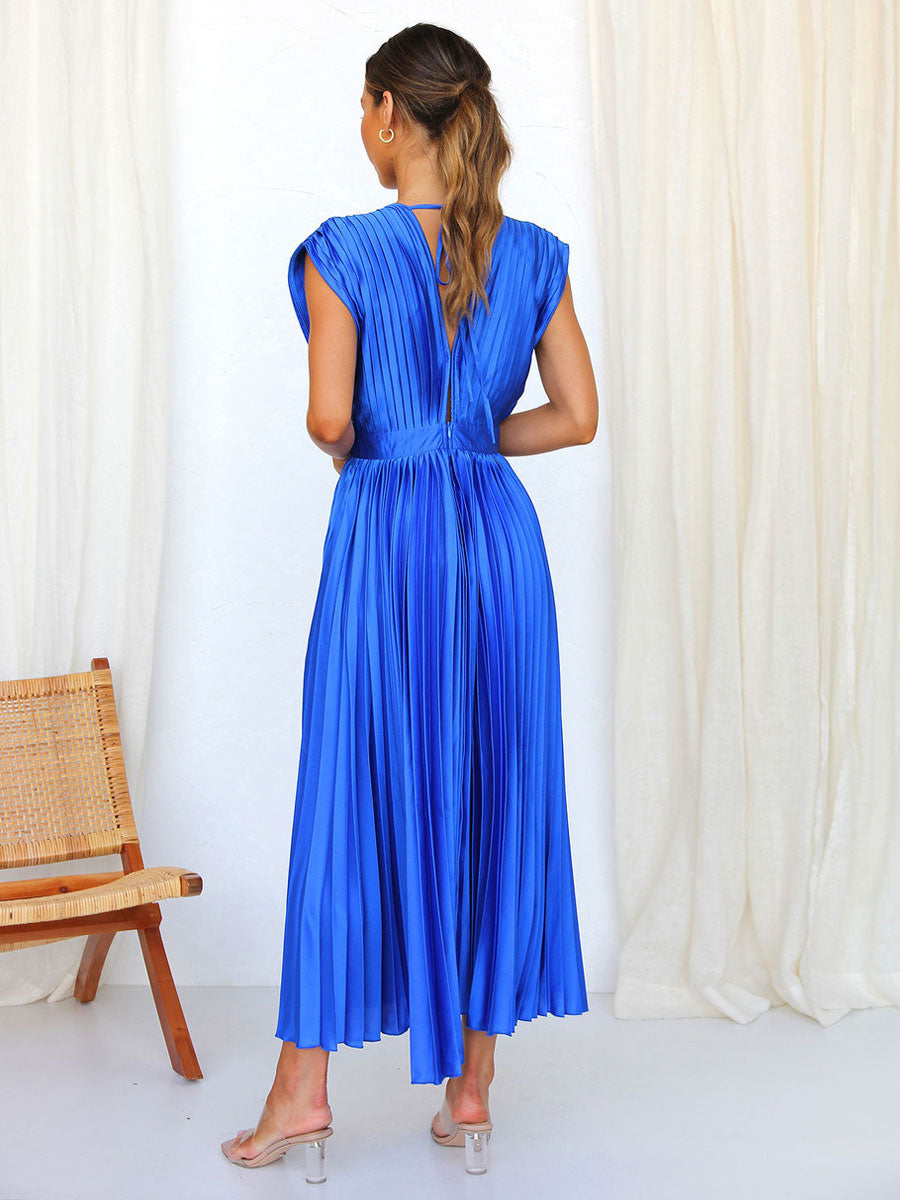 Midi Dress V-Neck Sleeveless Casual Oversized Pleated Party Prom Dress