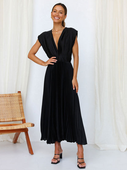 Midi Dress V-Neck Sleeveless Casual Oversized Pleated Party Prom Dress