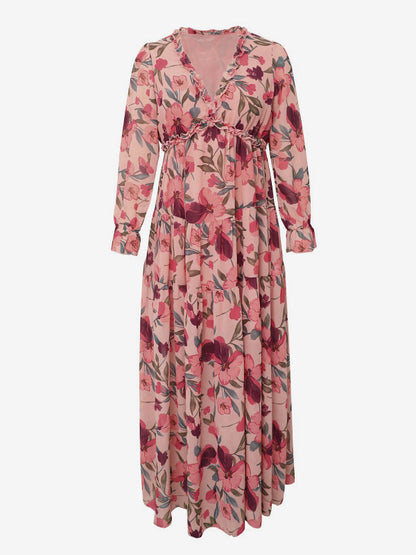 Floral Boho Maxi Dress For Women - High Waist Long Sleeve Ruffle V-Neck Gown - Spring Garden Wedding Guest 2026