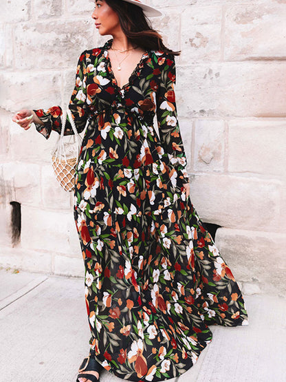 Floral Boho Maxi Dress For Women - High Waist Long Sleeve Ruffle V-Neck Gown - Spring Garden Wedding Guest 2026