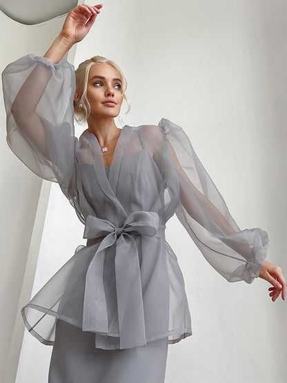 Shirt For Women Gray Stretch Pleated Lace Up V-Neck Casual Long Sleeves Tulle Tops