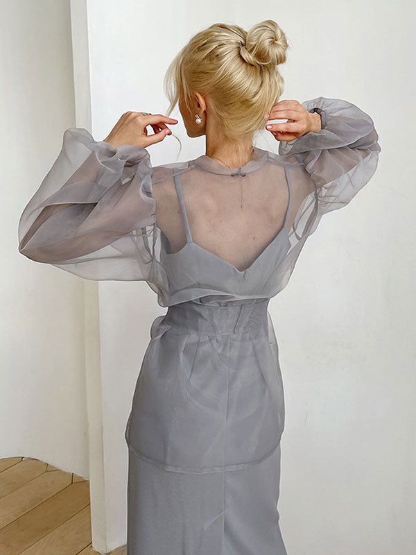 Shirt For Women Gray Stretch Pleated Lace Up V-Neck Casual Long Sleeves Tulle Tops
