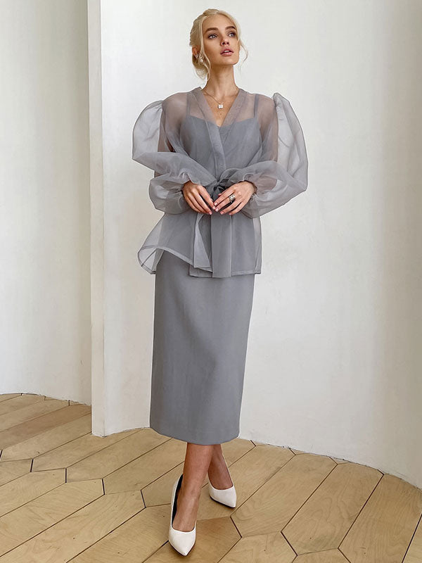 Shirt For Women Gray Stretch Pleated Lace Up V-Neck Casual Long Sleeves Tulle Tops